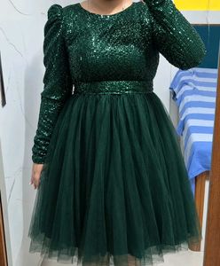 Emerald Green Sequin Puff Sleeve Dress