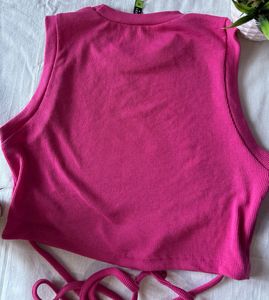 Pink Ribbed Crop Top with Tie Detail (Size-M)