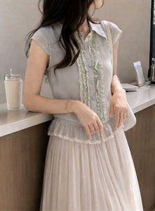 New with tag Korean Sheer Ruffle Neck Blouse
