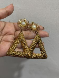 Gold Tone Triangle Drop Earrings with Pearl