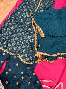 Beautiful Teal Embroidered Kurta and Sharara set