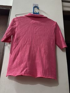 Pink Ribbed Knit Button-Up Top