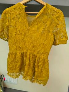 Elegant Yellow Lace Peplum Top