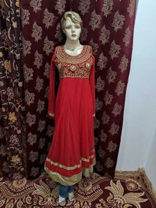 Red &amp; Gold Embellished Anarkali Dress