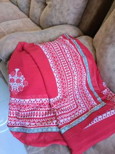 Red white  Bordered Embroidered Saree