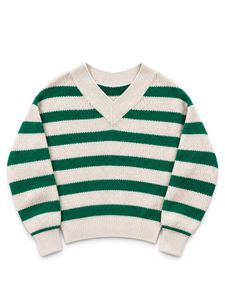 GREEN &amp; CREAM STRIPED V-NECK KNIT SWEATER