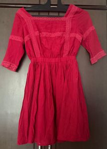 Chic Red Square Neck Dress with Lace Trim