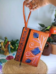 Embroidered Orange Hand Purse