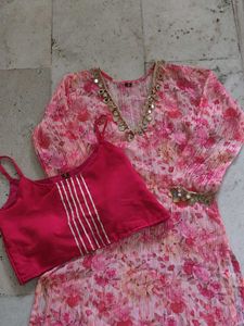 Beautiful Pink Floral Kurta Set with Mirror Work