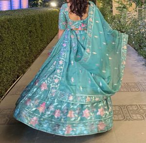Beautiful Blue Floral Lehenga Choli Set with jewel