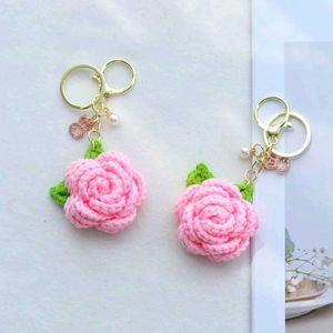 Cute Pink Rose Keychain Set