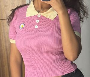 Cute Pink Daisy Knit Polo Top