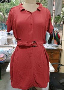 Chic Red Collared Dress with Belt