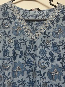 Blue Floral Print Kurta with Sequins