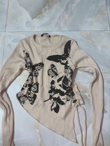 y2k Butterfly Print Ribbed Long Sleeve Top