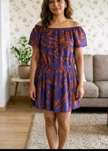 Off-Shoulder Tropical Print Mini Dress