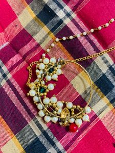 Traditional Kundan Nath with Pearl Chain
