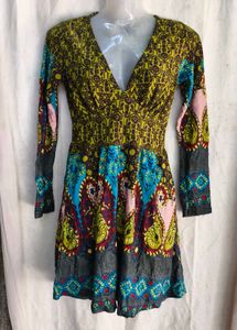 Boho Print Long Sleeve V-Neck Dress