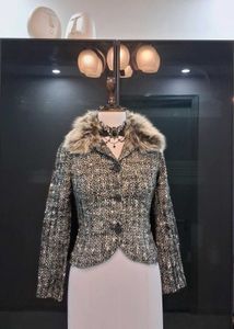 Elegant Tweed Jacket with Faux Fur Collar