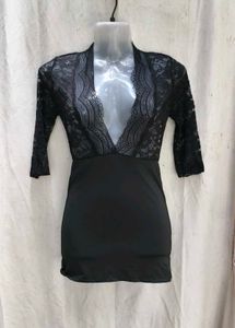 I. Black Lace Trim Bodycon Dress