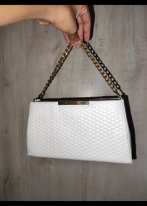 Chic White Quilted Clutch with Gold Chain