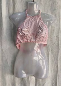 7410. Pink Floral Embellished Crop Top