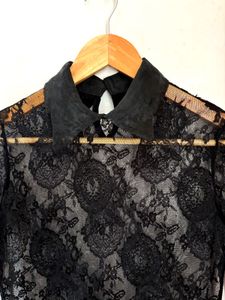 Elegant Sheer Black Lace Collared Dress