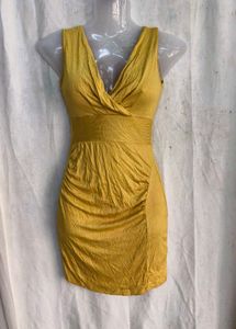 I. Mustard Yellow Ruched V-Neck Dress