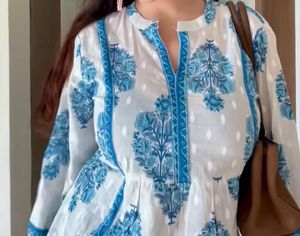 Elegant Blue &amp; White Cotton Kurta