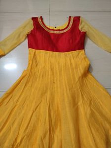 Designer Yellow &amp; Red Anarkali Gown with bandhni d