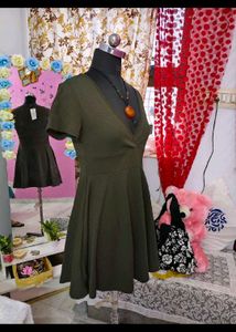 Chic Olive Green Ribbed Wrap Dress