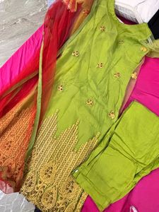 Stunning Lime Green Kurta Set with Red Dupatta