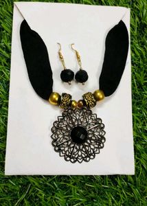 Black Golden Handmade Fabric Choker Set with Oxidi