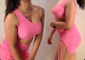 Pink One-Shoulder Ruched Mini Dress Set