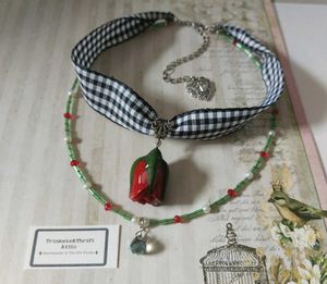 Gingham Ribbon Clay Rose Bud Choker Necklace