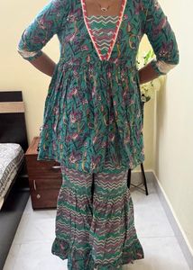 Green Block Print Kurta with Sharara Pants