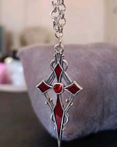 `Silver And Red Gothic Cross Necklace