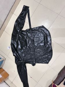 Black Faux Leather Belted Shirt Jacket