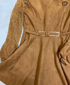 Brown Suede Lace Sleeve Dress