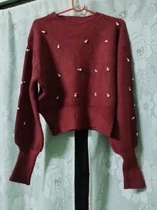 Pearl Embellished Maroon Sweater