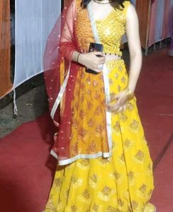 Yellow Lehenga Choli Set with Red Dupatta