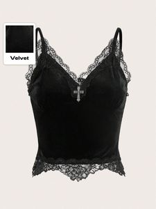 Goth Velvet Cami Top with Lace Trim