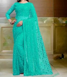 Stunning Teal Lace Saree with Pearl Embellishments