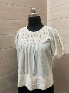 Calvin Klein Cream Puff Sleeve Smocked Top