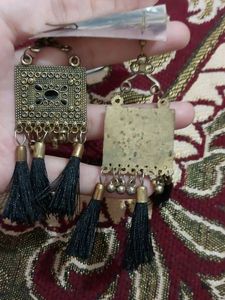 Combo Of Golden Oxidized Earrings, Oxidized Jhumki, Leather Bangle And Red Jhumki