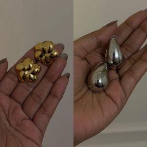 Set of 2 Earrings ( Gold Flower & Silver Teard