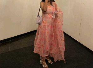 navratri peach organza anarkali with dupatta