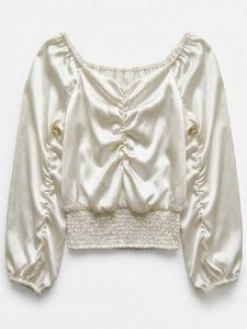 Cream Satin Ruched Long Sleeve Top