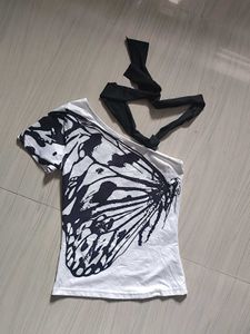 One Shoulder Butterfly Print Top