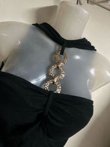 Chic Black Halter Top with Gold Chain Detail